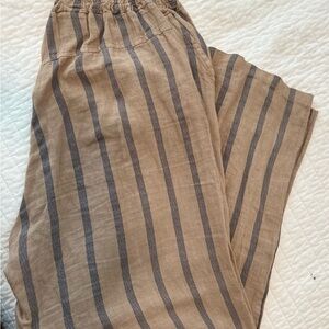 Tan and Navy Italian Linen Wide Leg Pants with Stripes